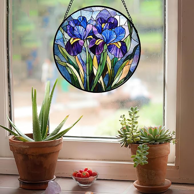 Stained Glass Window Hanging - Blue Purple Iris Flower Suncatcher for Door Garden Patio Sun Catchers Decor Christmas Mother's Day Birthday Gifts for Women Men Mom Nana Aunt Friend 9.8 in
