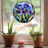 Stained Glass Window Hanging - Blue Purple Iris Flower Suncatcher for Door Garden Patio Sun Catchers Decor Christmas Mother's Day Birthday Gifts for Women Men Mom Nana Aunt Friend 15 in