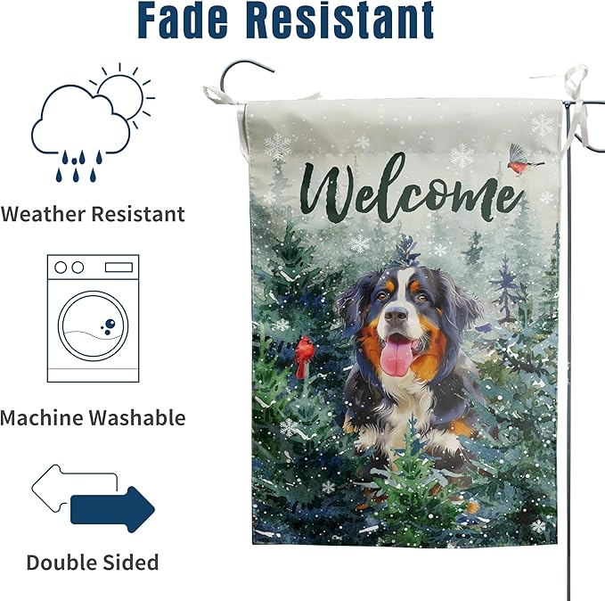 Welcome Winter Garden Flags Bernese Mountain Garden Flag Cardinal Birds on Snowy Pine Tree Flag Dog Yard Flags for Outside 12x18 Double Sided Christmas Decorative