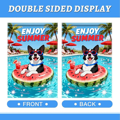 BlissYard Enjoy Summer French Bulldog Garden Flag 12x18 Double Sided Vertical Outdoor Pool Party Dog Decor Sunglasses Float Yard Lawn Patio Tropical Banner