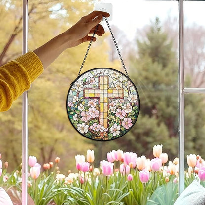 Christian Floral Suncatcher Stained Glass Cross Window Hanging Wall Decor, Christmas Religious Gifts for Women, Easter Religious Cross Garden Lawn Sun Catchers for Window Hanging Art,7.9x7.9In