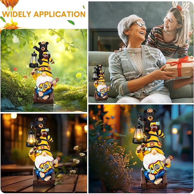 Gerrii Bee Gnome Solar Statue with LED Lantern Spring Garden Outdoor Resin Figurine Gifts for Women Mom Weatherproof Stacked Bear Bee Gnome Light Ornament for Porch Patio Lawn Entryway Welcome