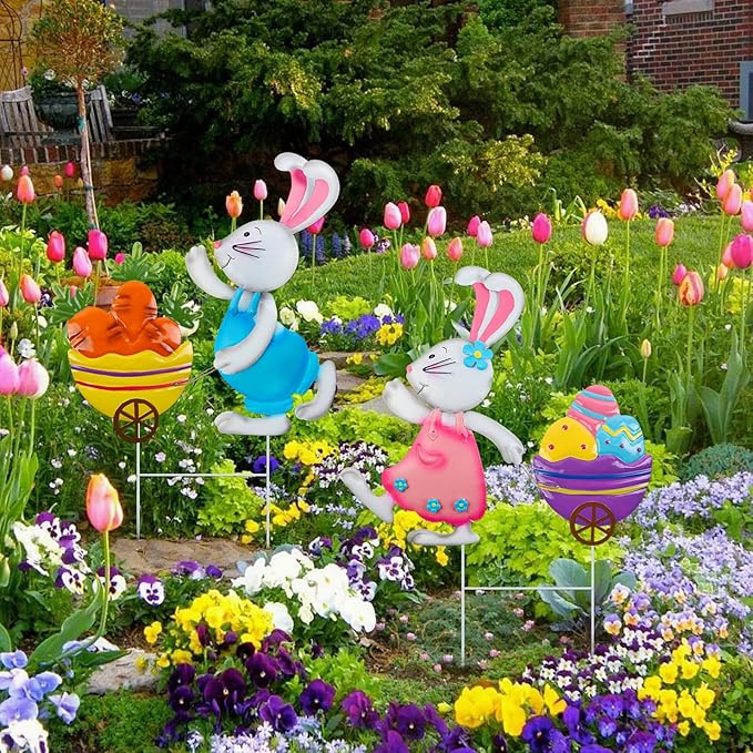 2 Pack Easter Bunny and Egg Lawn Stakes - Spring Bunny Yard Stakes with Metal Stakes for Easter Outdoor Yard Decor Easter Patio Stakes