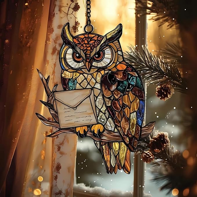 Owl Lover Hanging Suncatcher Faux Stained Hummingbirds and Flowers for Women Elegant Home Wall Decor Suncatchers Indoor Window Suncatchers Windows Garden