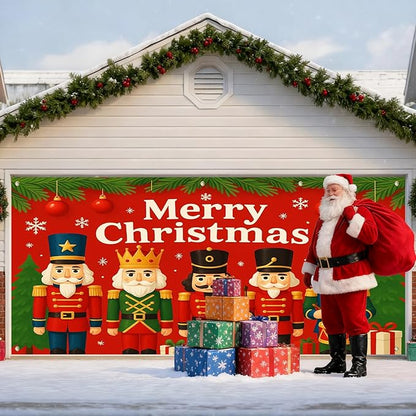 IVN Christmas Garage Door Cover Decoration 13x6ft Nutcracker Lineup Green Accents Red Banner Merry Christmas Garage Door Banner Home Door Front Yard Decor for Xmas Eve Holiday Outdoor