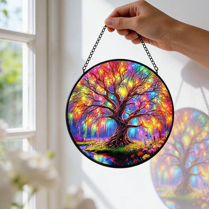 7.8 in Stained Glass Window Hanging, Magic Tree of Life Sun Catchers, Colorful Suncatcher for Home Decor, Decorative Boho Wall Art, Ideal Gift for Mom Grandma Aunt Wife Housewarming