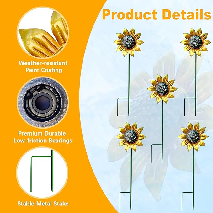 Metal Sunflower Flower Garden Stakes, Wind Catcher Spinner Garden Stakes, Garden Windmill Stakes Outdoor Wind Catchers, Yard Decor Stakes, Set of 5