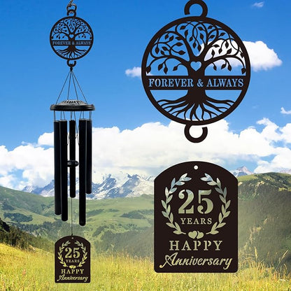 37'' 25th Anniversary Wind Chime Gifts, Silver Anniversary Keepsake Gifts Ideas, Happy 25th Decorations for Parents, Couples, Husband, Wife, Friends