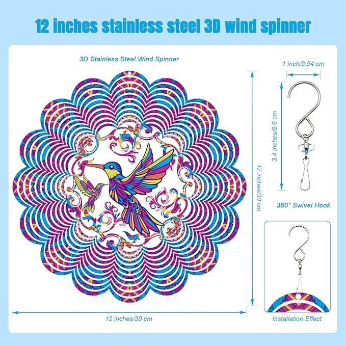 Wind Spinners Outdoor, Hummingbird Metal 3D Hanging Garden Decor, 12-inch Stainless Steel Wind Spinner with Tail Spinner, Wind Sculptures for Patio Lawn Yard, Ornament Gift for Women/Men