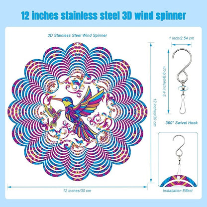 Wind Spinners Outdoor, Hummingbird Metal 3D Hanging Garden Decor, 12-inch Stainless Steel Wind Spinner with Tail Spinner, Wind Sculptures for Patio Lawn Yard, Ornament Gift for Women/Men