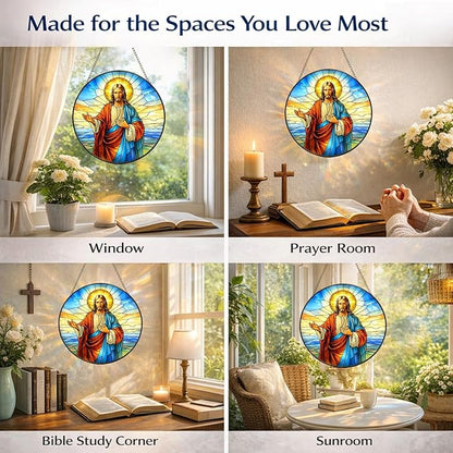 Jesus Suncatcher Window Hanging, 7.8" Stained Glass Christian Faith Gift for Mom and Grandma, Inspirational Religious Decor for Window, Prayer Room, Sunroom, Office