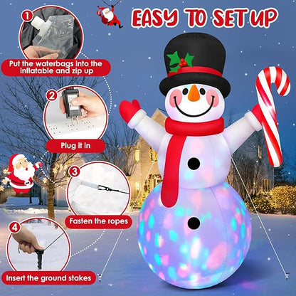 8 FT Tall Christmas Inflatables Outdoor Decorations Blow Up Snowman Inflatable Candy Cane, Build-in Rotating Colorful LEDs Xmas Snow Man Blowups Yard Decoration for Party Holiday Indoor Lawn Garden