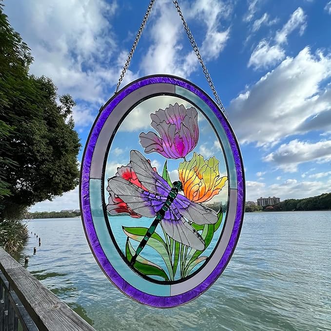 Stained Glass Window Hanging Dragonfly Suncatchers 10 Inch Glass Panel Sun Catchers Window Valentine Wall Art, Stained Glass Dragonfly Light Catchers for Windows Glass Valentine Gift