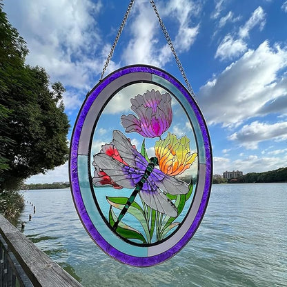 Stained Glass Window Hanging Dragonfly Suncatchers 10 Inch Glass Panel Sun Catchers Window Valentine Wall Art, Stained Glass Dragonfly Light Catchers for Windows Glass Valentine Gift