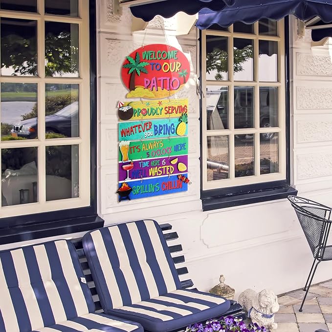 RattanView Large Welcome to Our Patio Sign Outdoor 26 x 13 Inch DIY Wooden Patio Decor Jumbo Backyard Plaque Wall Hanger BBQ Party Tiki Tropical Bar Decor for Home Outdoor Yard Housewarming Gift