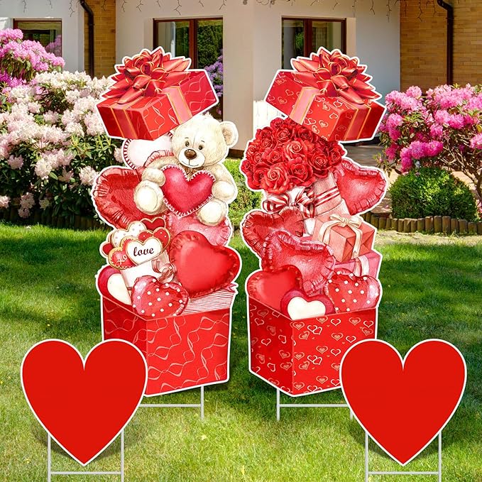 Yuntau 4 Pcs Valentine's Day Yard Signs Gift Box Outdoor Sign with Stakes Valentine Red Love Bear Heart Lawn for Holiday Pathway Lawn Stake Walkway Patio Party Wedding Anniversary Decor