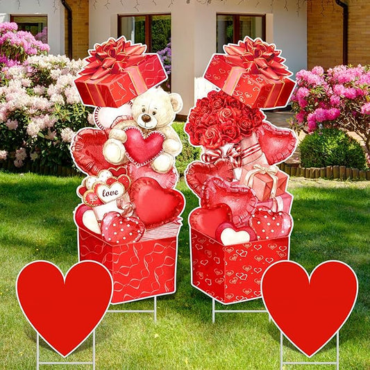 Yuntau 4 Pcs Valentine's Day Yard Signs Gift Box Outdoor Sign with Stakes Valentine Red Love Bear Heart Lawn for Holiday Pathway Lawn Stake Walkway Patio Party Wedding Anniversary Decor