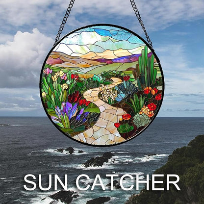 Stained Glass Window Hanging Colorful Wildflowers Mountain Scenery 7.8" - Suncatcher Door Garden Sunroom Sun Catcher Decor Birthday Christmas for Mom Men Woman Nana