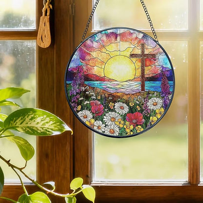 Cross Flower Stained Glass Window Hanging, Cross Suncatchers, Wildflower Christian Easter Sun Catchers Indoor Window Round Glass Wall Art Hanging Decorations, 7.9x7.9in