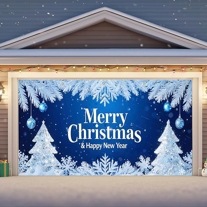 IVN Merry Christmas Happy New Year Garage Door Banner 13x6 ft Christmas Garage Door Wnter Scene Background Indoor Outdoor Blue Snowflake Tree Holiday Decorations for Home Wall Backdrop Decor