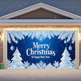 IVN Merry Christmas Happy New Year Garage Door Banner 13x6 ft Christmas Garage Door Wnter Scene Background Indoor Outdoor Blue Snowflake Tree Holiday Decorations for Home Wall Backdrop Decor