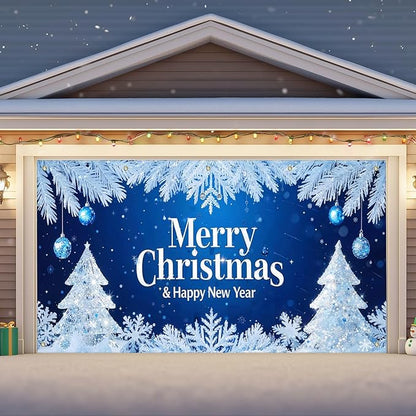 IVN Merry Christmas Happy New Year Garage Door Banner 13x6 ft Christmas Garage Door Wnter Scene Background Indoor Outdoor Blue Snowflake Tree Holiday Decorations for Home Wall Backdrop Decor
