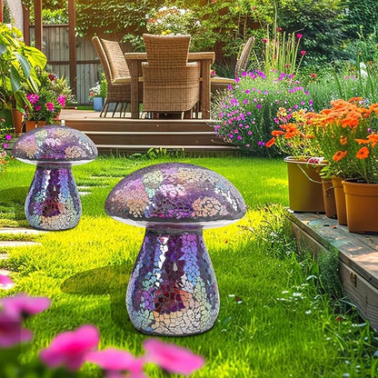 Bshine Mushroom Garden Statue Decoration, Colorful Mosaic Mushroom Sculptures Home Decor, Outdoor Waterproof Handmade Glass for Yard, Path, Lawn Ornaments, Purple