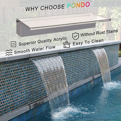 PONDO 24'' APP Pool Waterfall with 16 Colors LED Lights, Acrylic Pond Fountain Set for Outdoor Decorations, Patio Waterfall Spillway Kit on The Wall for Garden, Easy Installation