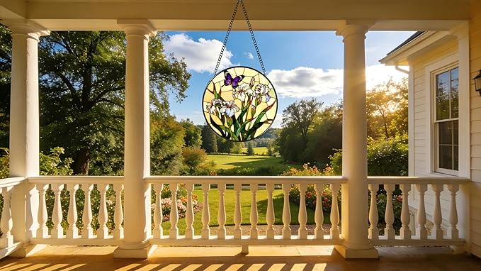 Funoasis Stained Glass Window Hanging 6.3 Inches Suncatcher - Beautiful Irises and Butterfly Ornaments Sun Catcher Home Decor Women Birthday