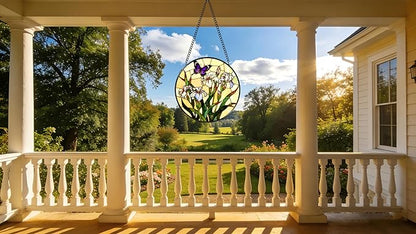 Funoasis Stained Glass Window Hanging 6.3 Inches Suncatcher - Beautiful Irises and Butterfly Ornaments Sun Catcher Home Decor Women Birthday