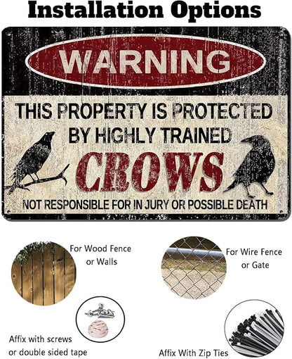Vintage Crow Metal Sign Warning This Property is Protected by Highly Trained Crow Yard Sign Outdoor Home Wall Decor 12x8Inch