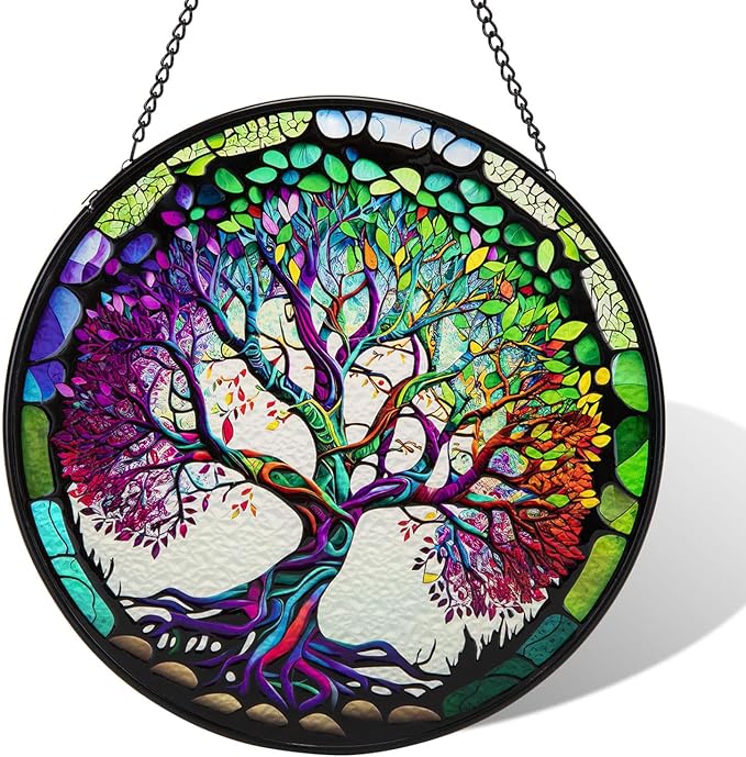 Suncatcher Stained Glass Window Hanging - Life Sun Glass Panel with Metal Chain and Hooks Handmade Sun Catcher Decoration for Window Garden Home Christmas & Birthday Gifts