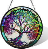 Suncatcher Stained Glass Window Hanging - Life Sun Glass Panel with Metal Chain and Hooks Handmade Sun Catcher Decoration for Window Garden Home Christmas & Birthday Gifts