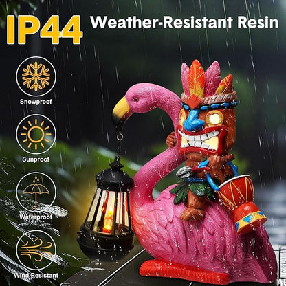 Gerrii Solar Tiki Statue Outdoor Light Decoration Tiki Bar Garden Statues 11'' Resin Waterproof Flamingo Figurines for Garden, Patio, Balcony, Yard, Lawn Ornament