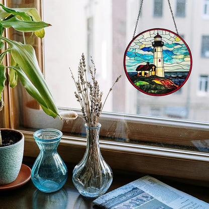 Ocean Lighthouse Stained Glass Window Hanging, 7.8" Hand-Painted Sun Catcher Glass Panel Wall Art Decor with Chain, Lighthouse Gifts for Women Mom Grandma, Outdoor Indoor Art Decor for Home Garden