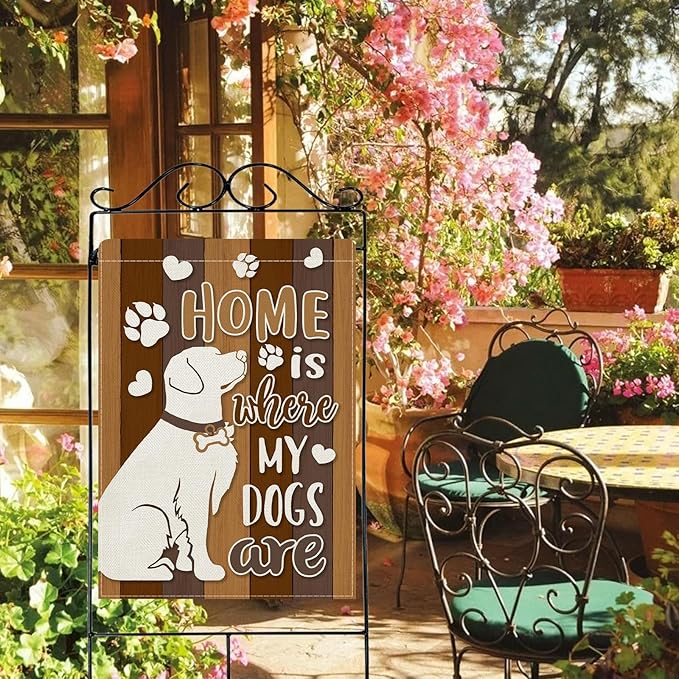 Dyrenson Home is Where My Dogs are 28 x 40 House Flag Double Sided, Pet Paw Print Garden Yard Decoration Dog Owner Lover Gifts, Farmhouse Rustic Burlap Outdoor Decor Decorative Large Flag
