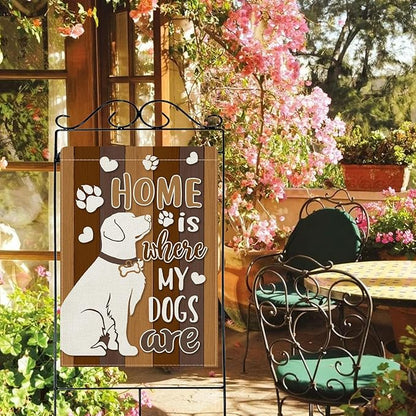 Dyrenson Home is Where My Dogs are 28 x 40 House Flag Double Sided, Pet Paw Print Garden Yard Decoration Dog Owner Lover Gifts, Farmhouse Rustic Burlap Outdoor Decor Decorative Large Flag