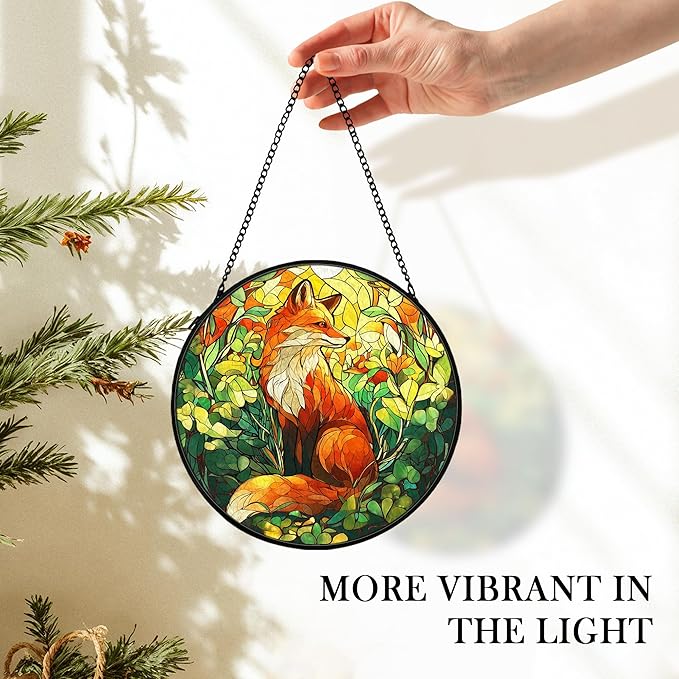 Fox Woodsy Suncatcher Stained Glass Window Hanging Decor Ornaments, Fox Gifts, Rustic Nature Stained Glass Wall Room Decor, Animal Garden Sun Catchers Indoor Window Hanging Wall Art, 7.9x7.9In