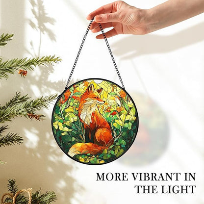 Fox Woodsy Suncatcher Stained Glass Window Hanging Decor Ornaments, Fox Gifts, Rustic Nature Stained Glass Wall Room Decor, Animal Garden Sun Catchers Indoor Window Hanging Wall Art, 7.9x7.9In