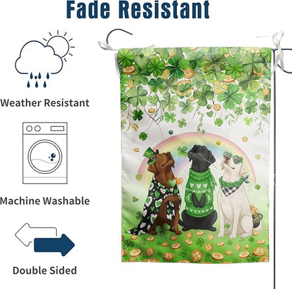 St Patricks Day Dog House Flag 28 x 40 Double Sided Outside White Chocolate Black Lab Garden Banner Labrador Yard Signs for Saint Patrick Spring Outdoor Decorative