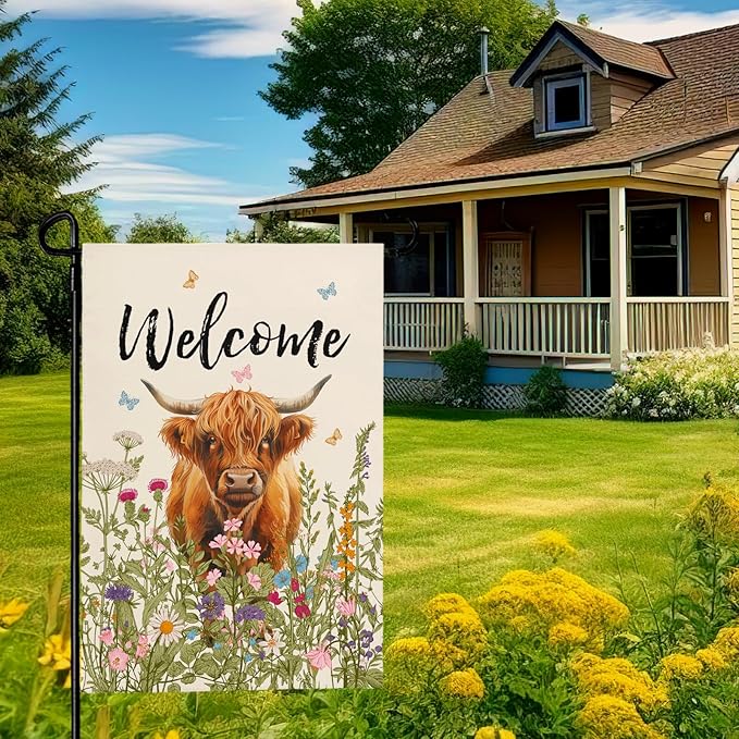 Welcome Spring Highland Cow Garden Flag Highland Cow with Flowers Burlap Yard Flag Seasonal Summer Bull Butterfly House Banner for Farmhouse Rustic Holiday Outdoor Decor 12x18 Inch