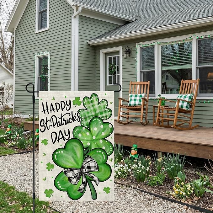 CROWNED BEAUTY St Patricks Day Garden Flag Shamrocks Clover 12x18 Inch Double Sided Green Holiday Decoration for Outdoor Lawn Yard CF1928-12