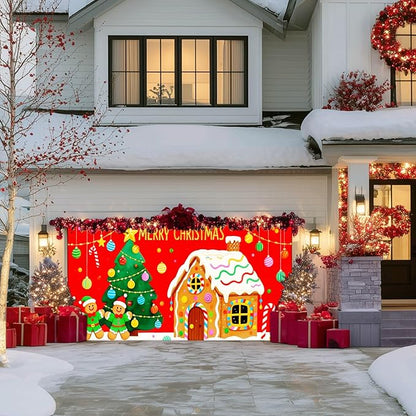 IVN Merry Christmas Garage Door Banner 13x6ft Gingerbread House Christmas Tree Candy Decoration Outdoor Winter Photo Prop for Holiday Yard Garage Door Scene