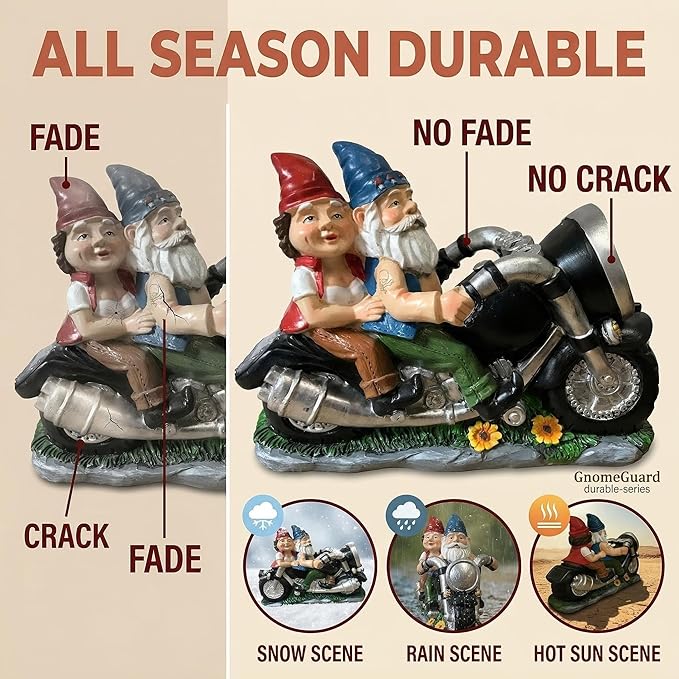 Cute Biker Gnome Couples Statue with Solar Lights - Biker Garden Gnomes Outdoor Funny Figurine - Solar Powered Motorcycle Statues Garden Ornament Art - Travel Gnome Figurine for Patio Yard Decor