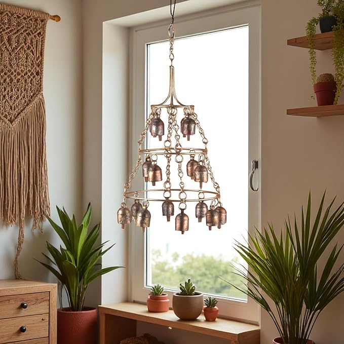 Rustic Wind Chimes for Outside – Handcrafted Tiered Bell Chime with Deep Tone – 16” Copper Coated Bronze Finish Metal Wind Chime for Garden Decor, Porch, Yard, Patio – Farmhouse Outdoor Decoration