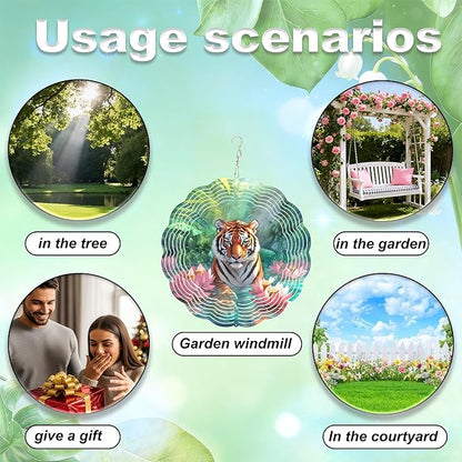 10x10 Inch Wind Spinner Outdoor Hanging Tiger Lotus Pond Metal Kinetic Spiral Ornament for Yard Garden Patio Porch Balcony Tree Window Decor Gift