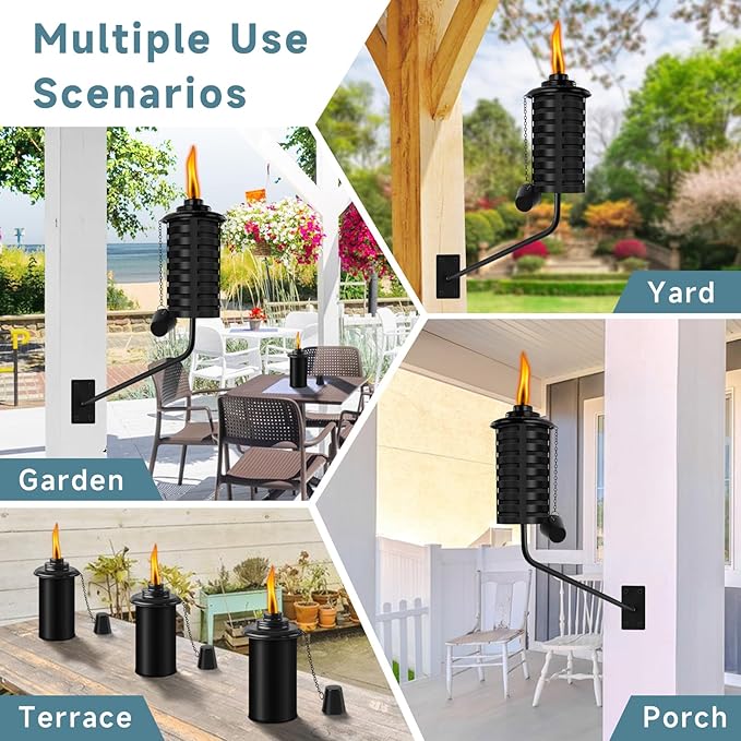 6 Pack Black Wall Mounted Citronella Torches,16 Oz Outdoor Metal Torch,Refillable Garden Torches for Yard, Patio, Deck, Garden, Party, Landscape