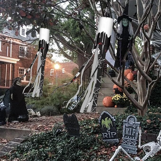 Skull Spider Web Hanging Windsock Lightweight Machine Washable Easy to Assemble Fabric Durable Outdoor Halloween Spooky Ghost Decoration 2 Pieces