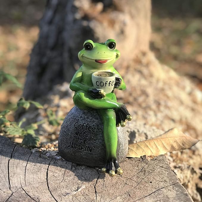 YANGMEI 6" Drinking Coffee Green Frog Sitting on Stone Statue Creative Garden Statue Decoration Collectible Frog Figurine Statue