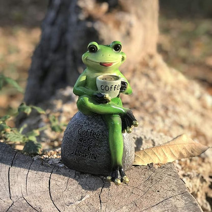 YANGMEI 6" Drinking Coffee Green Frog Sitting on Stone Statue Creative Garden Statue Decoration Collectible Frog Figurine Statue